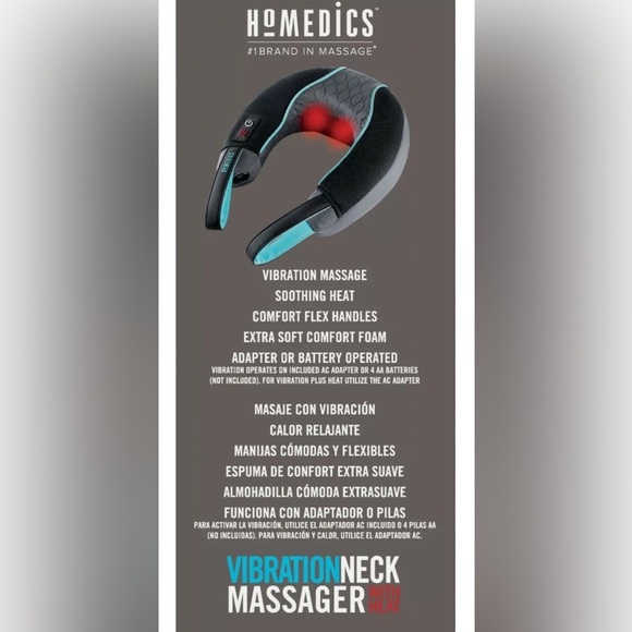 HoMedics Vibration Neck Massager w/ Heat 2 Speed Portable Soft Foam Dual Power - Picture 4 of 4